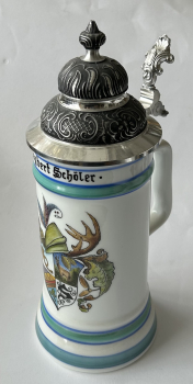 Bierkrug Porzellan mit echt Zinndeckel